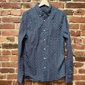 RYE Toby Summerweight Slub Poplin Shirt Button Down Medium Tall Slim Leaf Print